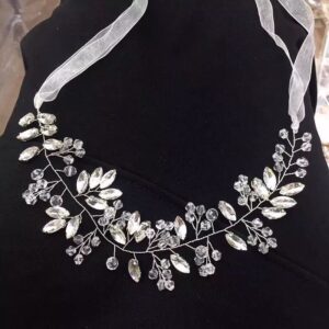 Silver Crystal Bridal Headband With White Ribbon Wedding Hair Accessory for Women Hairstyle Decoration