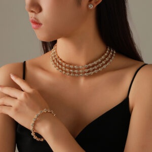Gold‑Tone Rhinestone Choker Jewelry Set Bridal Wedding Party Necklace Bracelet Earring Kit for Women