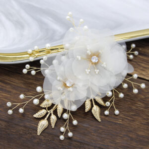 Gold Tulle Flower Faux Pearl Crystal Hair Comb Bridal Wedding Hair Accessory for Women Hairstyle Decoration