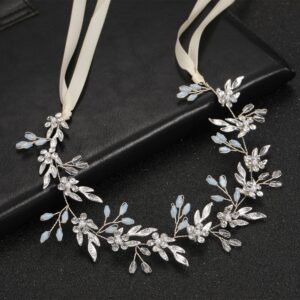 Silver Blue Crystal Faux Pearl Ribbon Hair Vine Bridal Wedding Hair Accessory for Women Hairstyle Decoration