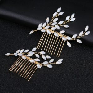Gold Opal Crystal Leaf Hair Combs Set Bridal Wedding Hair Accessory for Women Hairstyle Decoration