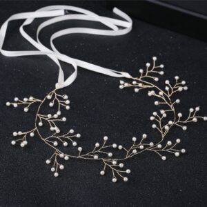 Gold Wire Faux Pearl Ribbon Hair Vine Bridal Wedding Hair Accessory for Women Hairstyle Decoration