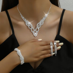 Elegant Rhinestone Bridal Necklace Earrings Bracelet Jewelry Set for Wedding Prom Gala Dinner Formal Gatherings