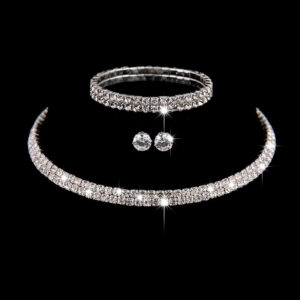 Glamorous Rhinestone Choker Stud Earrings Bracelet Jewelry Set for Bridal Prom Gala Dinner Formal Occasions