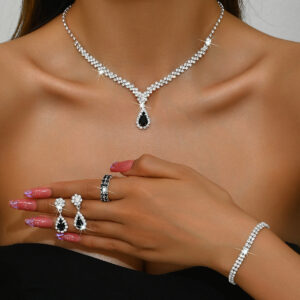 Teardrop Rhinestone Bridal Jewelry Set Includes Necklace Earrings Bracelet Ring for Wedding Prom Gala Events