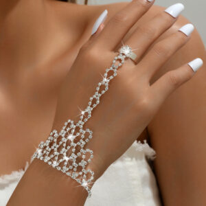 Lace Style Rhinestone Hand Chain Bracelet Connected With Ring for Bridal Prom Gala Formal Occasions