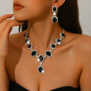 Oval Halo Rhinestone Jewelry Set Necklace Dangle Earrings For Women Wedding Formal Evening Events