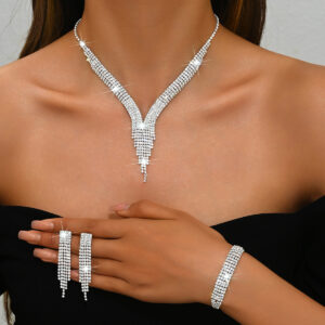 V Shaped Tassel Rhinestone Jewelry Set Necklace Earrings Bracelet For Women Formal Gala Events