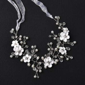 Silver Wire Floral Pearl Crystal Ribbon Headband Bridal Wedding Hair Accessory for Women Bridesmaids Ladies