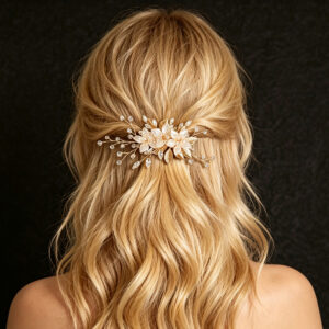 Gold Tone Floral Crystal Beaded Bridal Hair Clip Wedding Half‑Up Hairstyle Accessory
