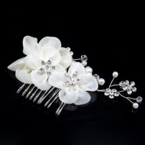 Chiffon Flower Rhinestone Hair Comb Dangle Pearl Crystal Branch Bridal Updo Hairpiece for Brides