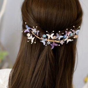 Gold Tone Colorful Butterfly Flower Pearl Hair Barrette Women Wedding Party Hair Accessory