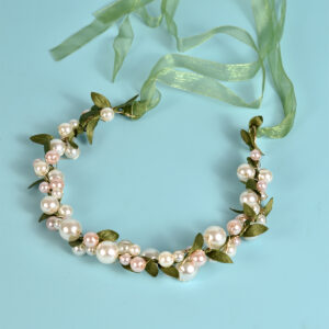 Pearl Leaf Green Ribbon Floral Crown Bridal Wedding Party Women Hair Accessory