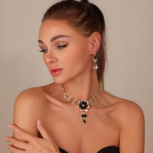 Floral Rhinestone Teardrop Pendant Necklace Earrings Jewelry Set for Formal Evening Occasions
