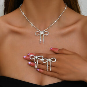 Sparkling Bow Rhinestone Necklace Two Ring Set For Women Wedding Prom Evening Statement Jewelry Gift