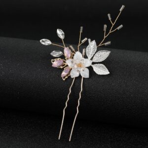 Handmade Flower Rhinestone Bridal Hair Pin Pink Crystal Leaf Wedding Hairpiece for Bride Bridesmaid Hairstyles