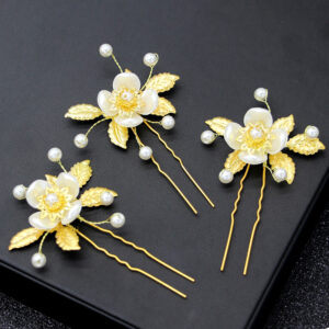 Golden Floral Pearl Bridal Hair Pins Set Elegant Flower Headpiece for Wedding Bride Women Party