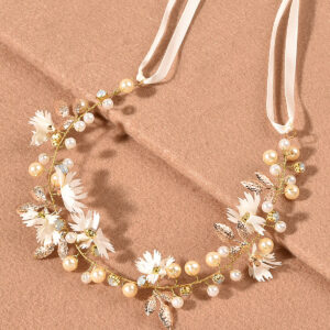 Champagne Pearl Floral Bridal Headband White Satin Ribbon Hair Accessory for Garden Wedding