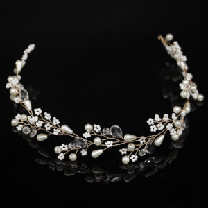 Golden Wire Pearl Crystal Bridal Headband Delicate Floral Headpiece for Wedding Bride Women Party Wear