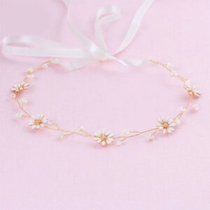Gold Daisy Flower Pearl Bridal Headband with Ribbon Delicate Hairpiece for Wedding Brides Women Party