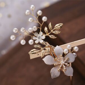 Gold Metal Flower Pearl Bridal Hair Clip Leaf Vine Hair Accessory for Wedding Brides Women Party
