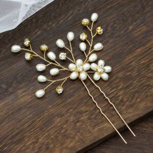 Gold Wire Pearl Rhinestone Floral U Hair Pin Bridal Hair Accessory for Wedding Brides Women Party