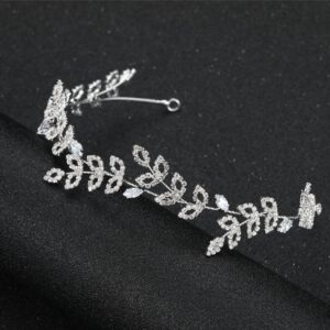 Silver Leaf Rhinestone Bridal Headband Crystal Tiara Headpiece for Wedding Brides Women Party Wear