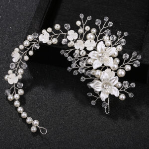 Silver Tone White Flower Pearl Crystal Bridal Hair Vine Flexible Wedding Headpiece for Brides