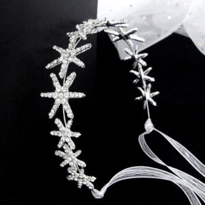 Silver Star Rhinestone Bridal Headband Organza Ribbon Headpiece for Wedding Brides Party Wear