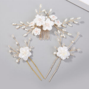 Handmade White Flower Pearl Bridal Hair Comb and Pins Wedding Hair Accessories for Ladies Women