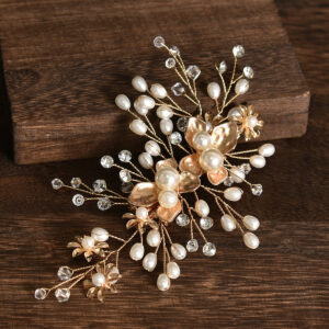 Handmade Gold Floral Pearl Crystal Bridal Hair Comb Wedding Hair Accessory for Ladies and Brides