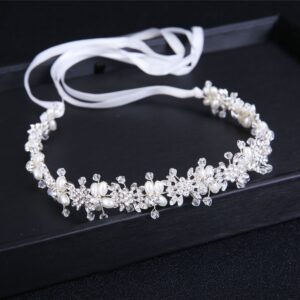Handmade Pearl Crystal Bridal Ribbon Headband Wedding Hair Accessory for Women Brides and Ladies Girls