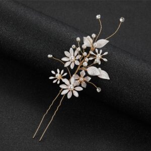 Handmade Gold Wire Floral Pearl Crystal Bridal Hair Pin Wedding Accessory for Women and Brides