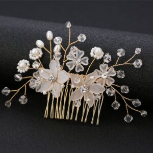 Gold Wire Frosted Flower Pearl Crystal Bridal Hair Comb Wedding Accessory for Women and Brides