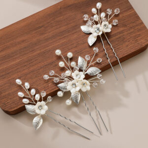 Silver Floral Pearl Crystal Leaf Bridal Hair Pins Wedding Accessory Set for Women and Brides