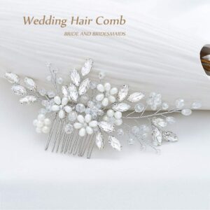 Silver Pearl Marquise Crystal Floral Bridal Hair Comb Wedding Accessory for Women Brides and Ladies
