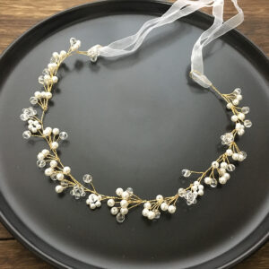 Gold Wire Pearl Crystal Ribbon Bridal Headband Wedding Hair Accessory for Women Brides and Ladies