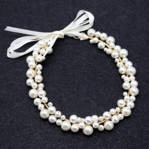 Multi Size Pearl Ribbon Bridal Headband Gold Wire Wedding Hair Accessory for Women and Brides