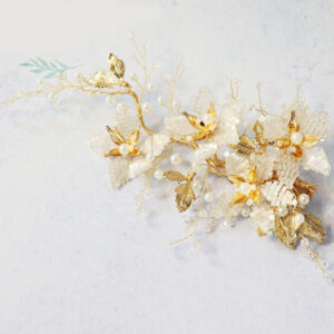 Gold Wire Woven Flower Pearl Leaf Bridal Hair Vine Wedding Accessory for Women and Brides 1.Gold