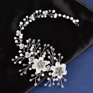 Silver Wire Shell Flower Pearl Crystal Bridal Headband Wedding Accessory for Women Brides and Ladies