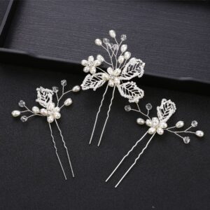 Silver Wire Pearl Flower Leaf Bridal Hair Pins Wedding Accessory for Women Brides and Ladies