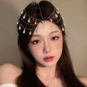 Silver Multi Layer Teardrop Pearl Forehead Head Chain Wedding Accessory for Women Brides