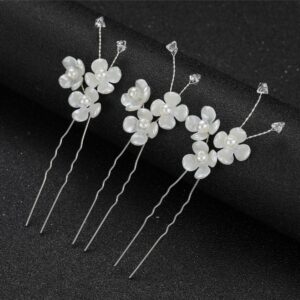 Silver White Flower Pearl Crystal Bridal Hair Pins Wedding Accessory for Women Brides and Ladies