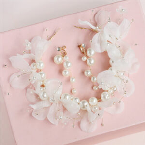 Gold Tone Tulle Flower Pearl Bridal Headpiece Ear Clip Set Wedding Jewelry for Brides