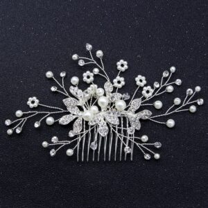 Silver Floral Rhinestone Pearl Bridal Hair Comb Wedding Accessory for Women Brides and Ladies