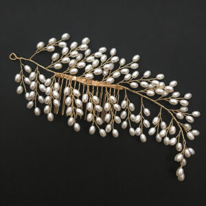 Gold Wire Teardrop Pearl Leaf Bridal Hair Comb Wedding Accessory for Women Brides and Ladies
