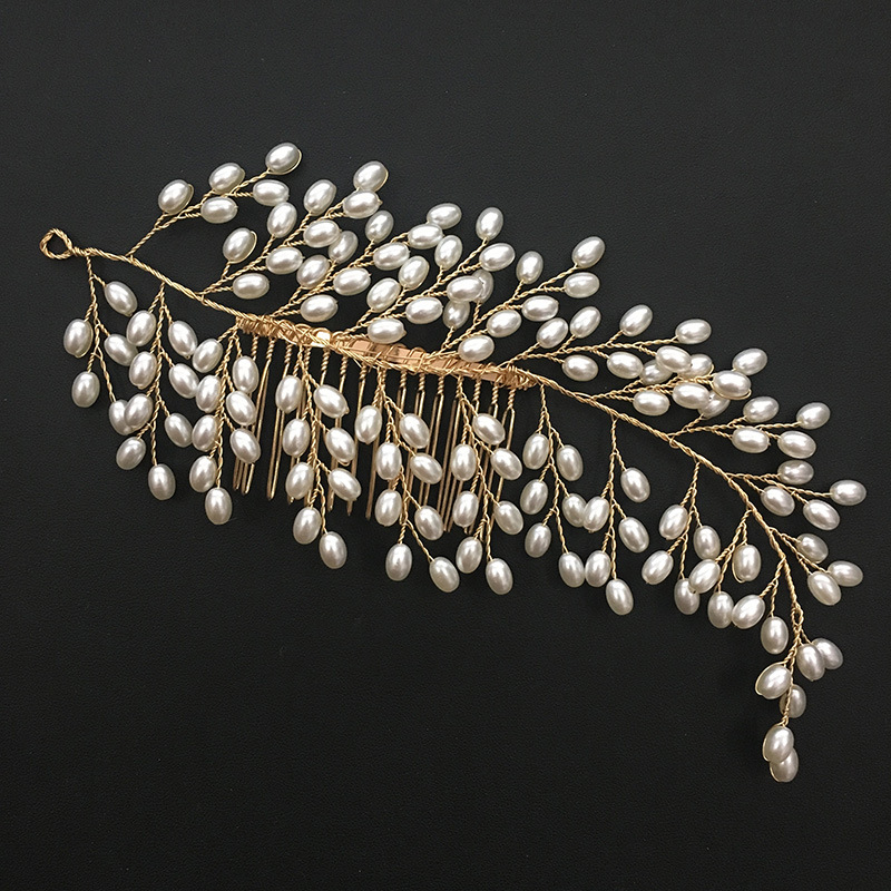 Gold Wire Teardrop Pearl Leaf Bridal Hair Comb Wedding Accessory for Women Brides and Ladies