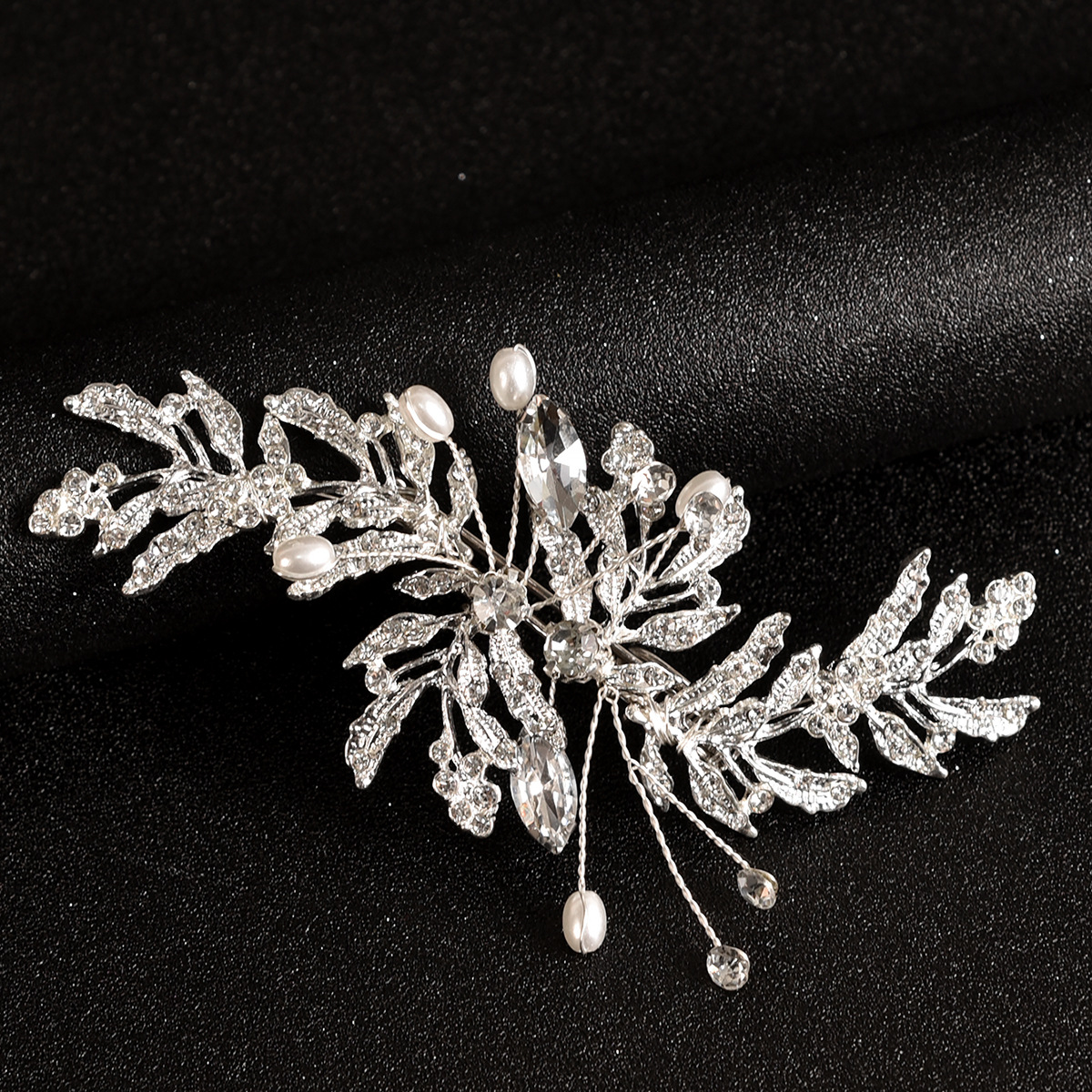 Silver Leaf Rhinestone Pearl Bridal Hair Clip Wedding Accessory for Women Brides and Ladies