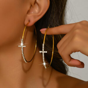 Sparkling Rhinestone Cross Large Hoop Earrings for Women Daily Party