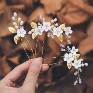 White Flower Pearl Crystal Gold Hair Pins Bridal Wedding Hair Accessories for Women